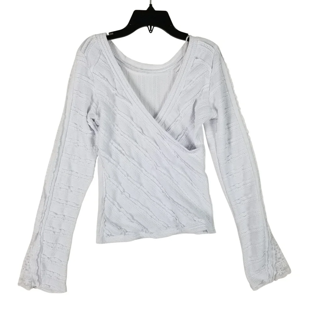 Free People Wrap Top Women M White Lace Eyelet Ruffle Long Sleeve OB2055064